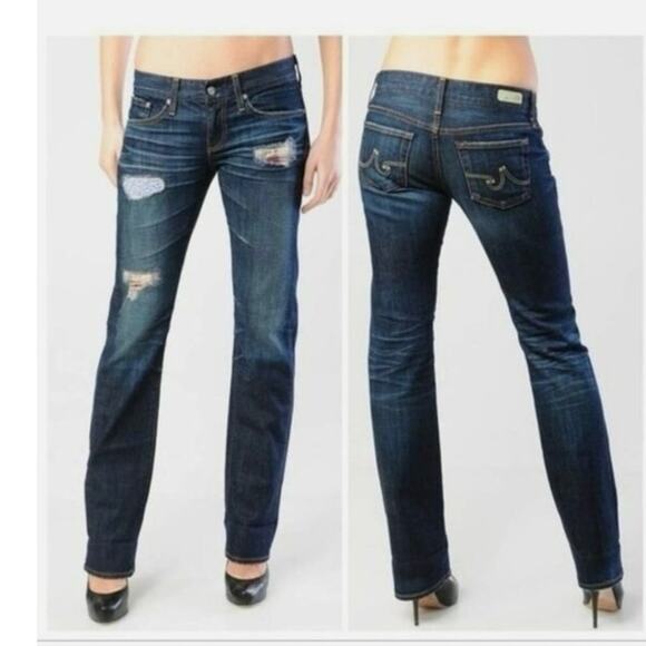 AG Adriano Goldschmied Tomboy Boyfriend Mid Rise Slim Patched Dark Jeans EUC 30 - Picture 1 of 8